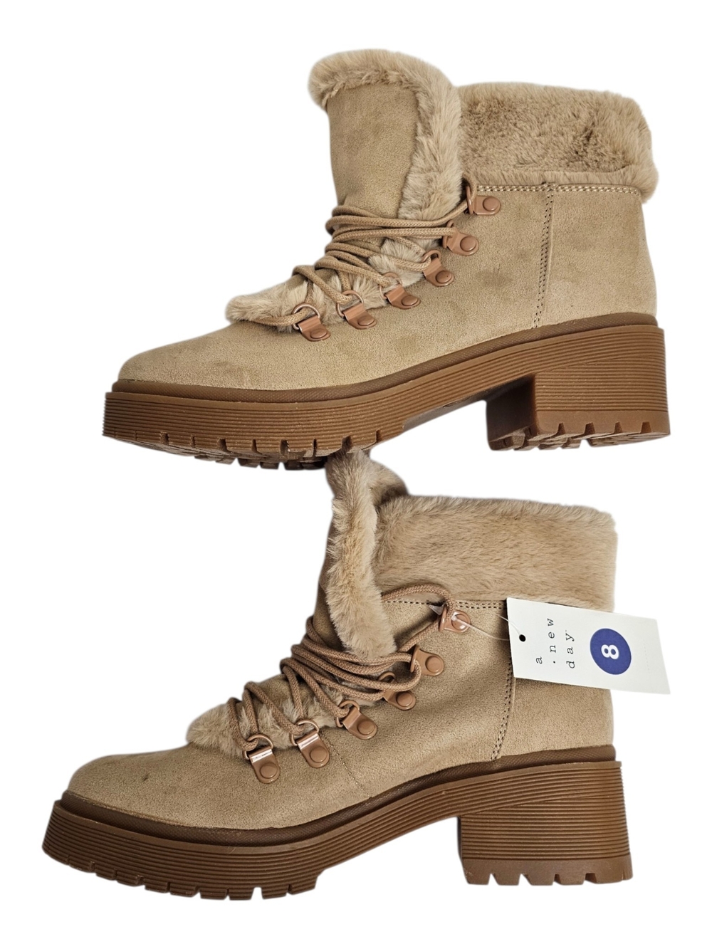 A New Day Tan Cream Soft Faux Fur Shearling Trim Lug Ankle Boots NWT Size 8 - Picture 5 of 11